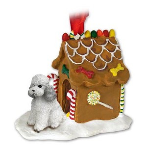 Gray Sport Cut Poodle Dog with Gingerbread House Christmas Ornament – Hand-Painted Stone Resin