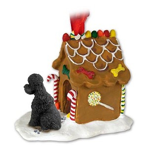 Black Sport Cut Poodle Dog with Gingerbread House Christmas Ornament – Hand-Painted Stone Resin