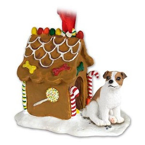 Brown & White Smooth Coat Jack Russell Terrier Dog with Gingerbread House Christmas Ornament