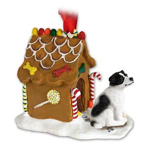Black & White Smooth Coat Jack Russell Terrier Dog with Gingerbread House Christmas Ornament
