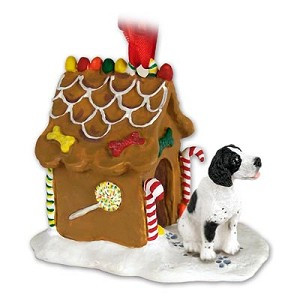 Black & White Pointer Dog with Gingerbread House Christmas Ornament – Hand-Painted Stone Resin