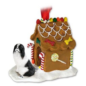 Black & White Japanese Chin Dog with Gingerbread House Christmas Ornament – Hand-Painted Stone Resin