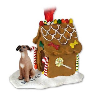 Italian Greyhound Dog with Gingerbread House Christmas Ornament – Hand-Painted Stone Resin