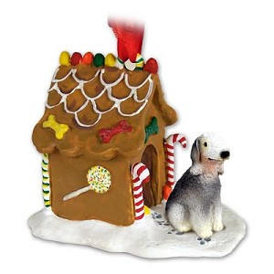 Bedlington Terrier Dog with Gingerbread House Christmas Ornament – Hand-Painted Stone Resin