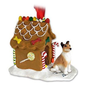 Smooth Coat Collie Dog with Gingerbread House Christmas Ornament – Hand-Painted Stone Resin