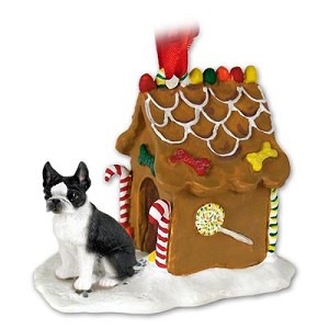 Boston Terrier Dog with Gingerbread House Christmas Ornament – Hand-Painted Stone Resin