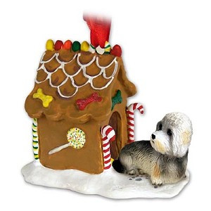 Dandie Dinmont Terrier Dog with Gingerbread House Christmas Ornament – Hand-Painted Stone Resin