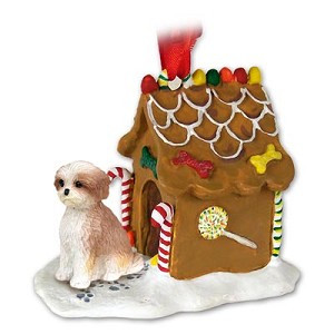 Tan Sport Cut Shih Tzu Dog with Gingerbread House Christmas Ornament – Hand-Painted Stone Resin