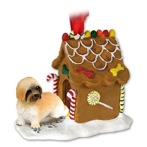 Brown Sport Cut Lhasa Apso Dog with Gingerbread House Christmas Ornament – Hand-Painted Stone Resin