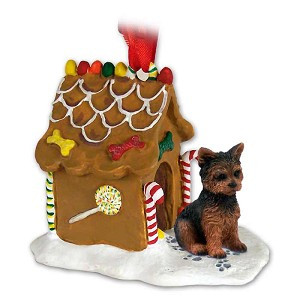 Puppy Cut Yorkshire Terrier Dog with Gingerbread House Christmas Ornament – Hand-Painted Stone Resin