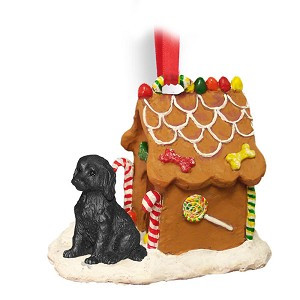 Black Labradoodle Dog with Gingerbread House Christmas Ornament – Hand-Painted Stone Resin