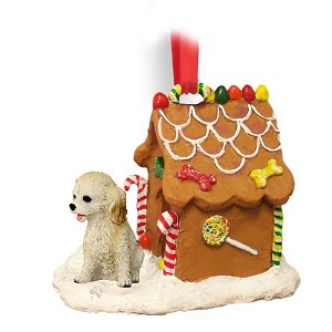 Blond Cockapoo Dog with Gingerbread House Christmas Ornament – Hand-Painted Stone Resin