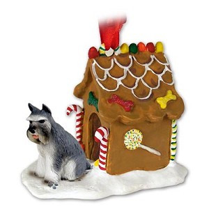 Gray Schnauzer Dog with Gingerbread House Christmas Ornament – Hand-Painted Stone Resin