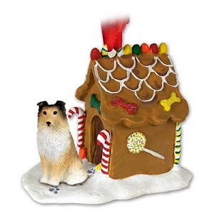 Sable Sheltie Dog with Gingerbread House Christmas Ornament – Hand-Painted Stone Resin