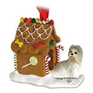 Mixed Color Shih Tzu Dog with Gingerbread House Christmas Ornament – Hand-Painted Stone Resin