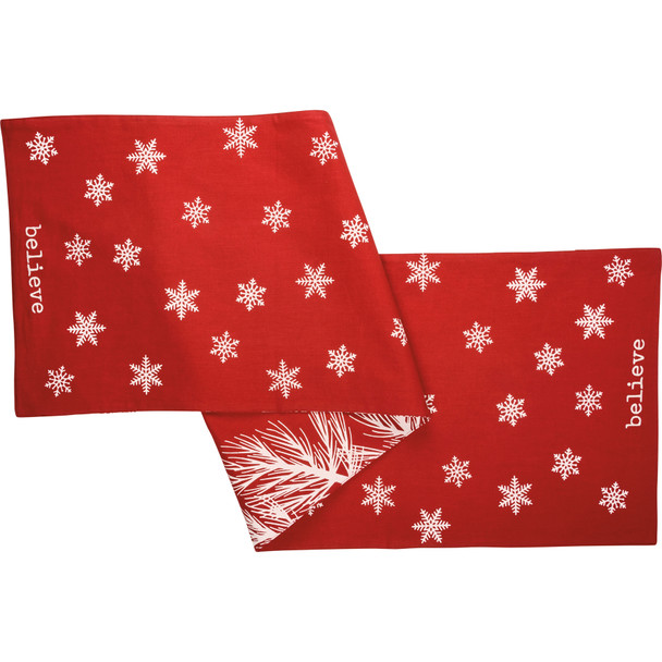 Double Sided Cotton Linen Table Runner Cloth - Merry Christmas & Believe - Red & White Snowflakes & Pine Branches from Primitives by Kathy