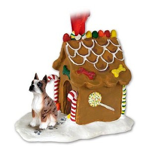 Brindle Boxer Dog with Gingerbread House Christmas Ornament – Hand-Painted Stone Resin