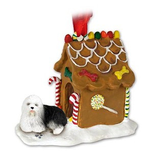 Old English Sheepdog with Gingerbread House Christmas Ornament – Hand-Painted Stone Resin