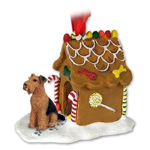 Airedale Dog with Gingerbread House Christmas Ornament – Hand-Painted Stone Resin