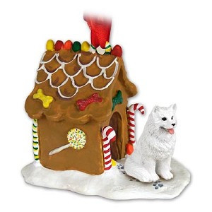 Samoyed Dog with Gingerbread House Christmas Ornament – Hand-Painted Stone Resin