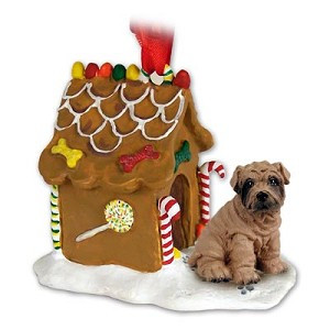 Brown Shar Pei Dog with Gingerbread House Christmas Ornament – Hand-Painted Stone Resin