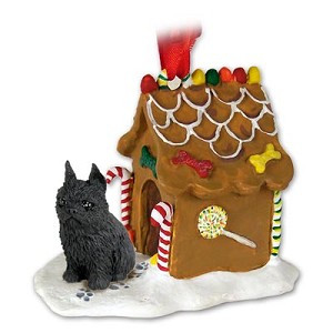 Black Brussels Griffon Dog with Gingerbread House Christmas Ornament – Hand-Painted Stone Resin