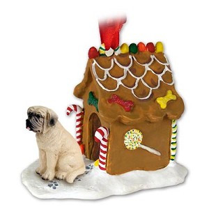 Fawn Mastiff Dog with Gingerbread House Christmas Ornament – Hand-Painted Stone Resin