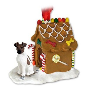 Brown & White Fox Terrier Dog with Gingerbread House Christmas Ornament – Hand-Painted Stone Resin