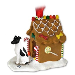 Black & White Fox Terrier Dog with Gingerbread House Christmas Ornament – Hand-Painted Stone Resin