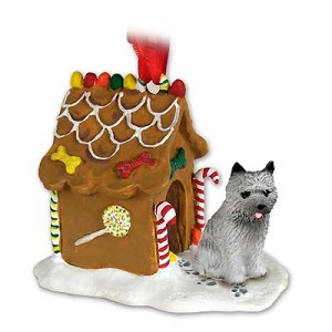Gray Cairn Terrier Dog with Gingerbread House Christmas Ornament – Hand-Painted Stone Resin