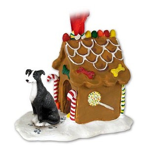 Black & White Greyhound Dog with Gingerbread House Christmas Ornament – Hand-Painted Stone Resin