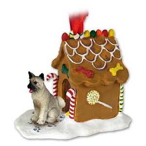Gray Akita Dog with Gingerbread House Christmas Ornament – Hand-Painted Stone Resin