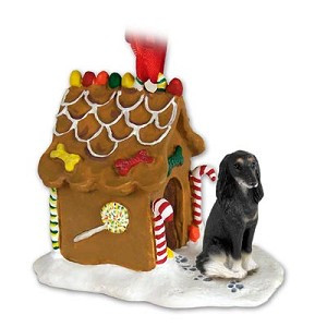 Black Saluki Dog with Gingerbread House Christmas Ornament – Hand-Painted Stone Resin