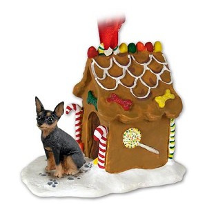 Tan & Black Miniature Pinscher Dog with Gingerbread House Christmas Ornament