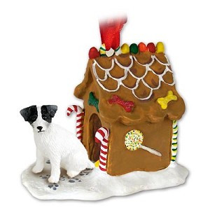 Black & White Rough Coat Jack Russell Terrier Dog with Gingerbread House Christmas Ornament