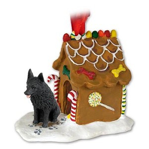Schipperke Dog with Gingerbread House Christmas Ornament – Hand-Painted Stone Resin