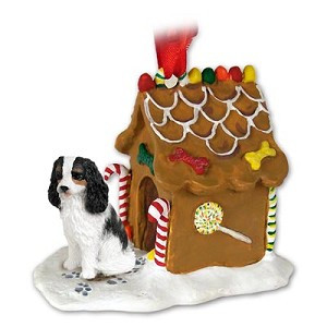 Black & White Cavalier King Charles Spaniel Dog with Gingerbread House Christmas Ornament