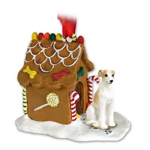 Tan & White Whippet Dog with Gingerbread House Christmas Ornament – Hand-Painted Stone Resin