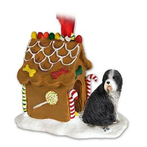 Bearded Collie Dog with Gingerbread House Christmas Ornament – Hand-Painted Stone Resin