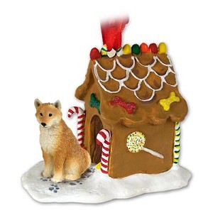 Shiba Inu Dog with Gingerbread House Christmas Ornament – Hand-Painted Stone Resin