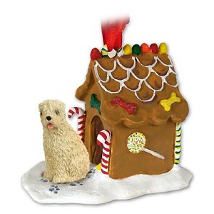 Soft Coated Wheaten Terrier Dog with Gingerbread House Christmas Ornament – Hand-Painted Stone Resin