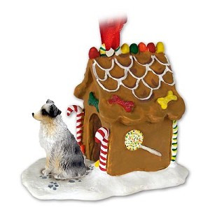 Blue Docked Tail Australian Shepherd Dog with Gingerbread House Christmas Ornament