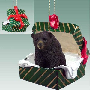 Black Bear in Green Gift Box Christmas Ornament – Hand-Painted Stone Resin