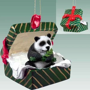 Green Panda in Green Gift Box Christmas Ornament – Hand-Painted Stone Resin
