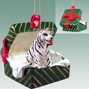 White Tiger in Green Gift Box Christmas Ornament – Hand-Painted Stone Resin