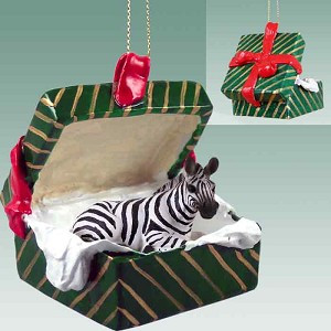 Green Gift Box Zebra in Green Gift Box Christmas Ornament – Hand-Painted Stone Resin