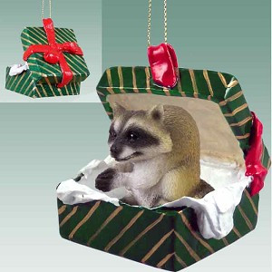 Raccoon in Green Gift Box Christmas Ornament – Hand-Painted Stone Resin