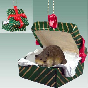 Green Gift Box Beaver in Green Gift Box Christmas Ornament – Hand-Painted Stone Resin