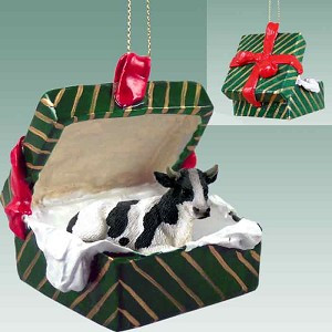 Gift Box Green Holstein Bull in Green Gift Box Christmas Ornament – Hand-Painted Stone Resin