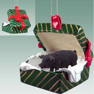 Black Pig in Green Gift Box Christmas Ornament – Hand-Painted Stone Resin